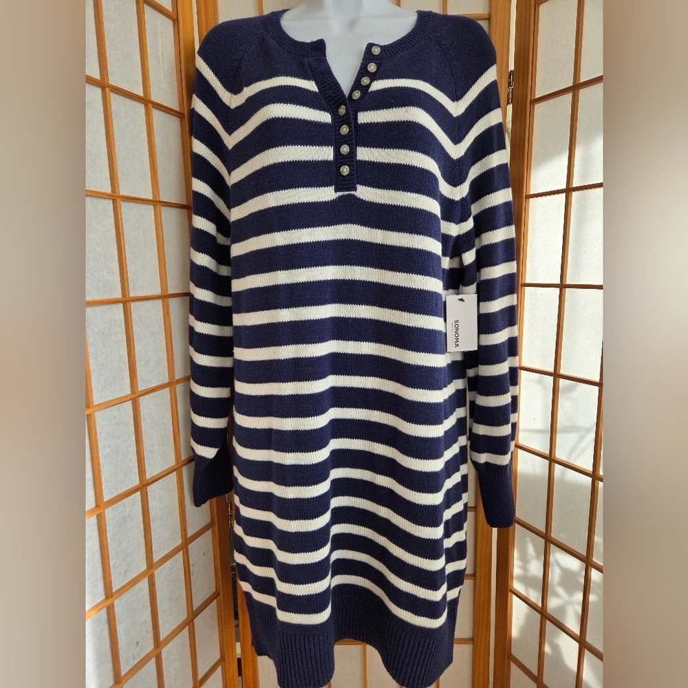 NWT SONOMA BLUE/WHITE STRIPES LONG SLEEVES COTTON MIX KNIT SWEATER DRESS SMALL